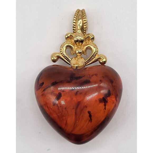 Avon Jewelry - VTG Puffy Tortoise Shell Amber Color SIENNA HEART Pendant Gold Tone Avon
